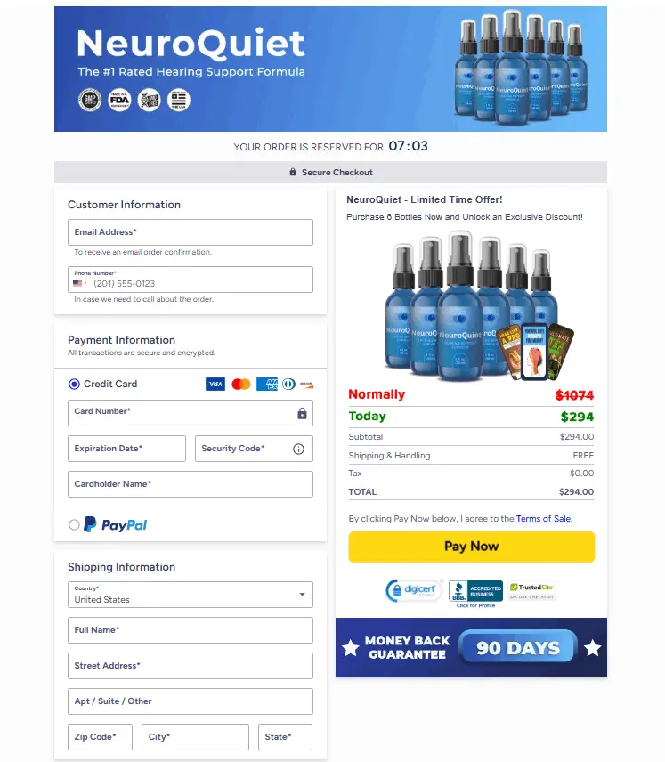 NeuroQuiet checkout page